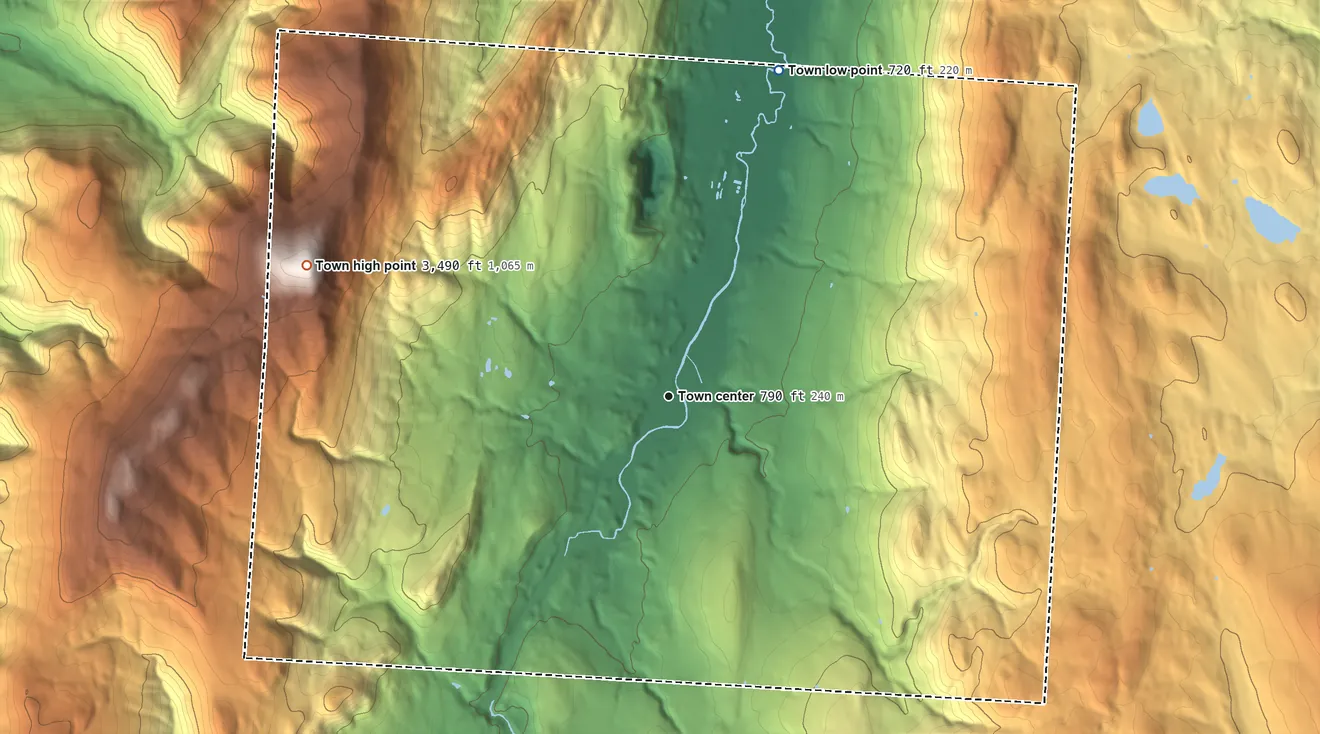 Topographic elevation map of Adams, Massachusetts, shaded from 720 ft on the north side to 3,489 ft on Mount Greylock