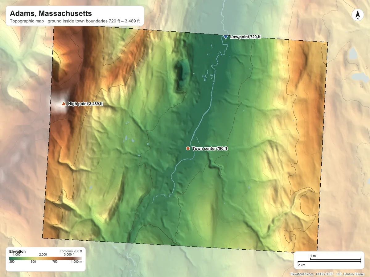 Topographic elevation map of Adams, Massachusetts, shaded from 720 ft on the north side to 3,489 ft on Mount Greylock