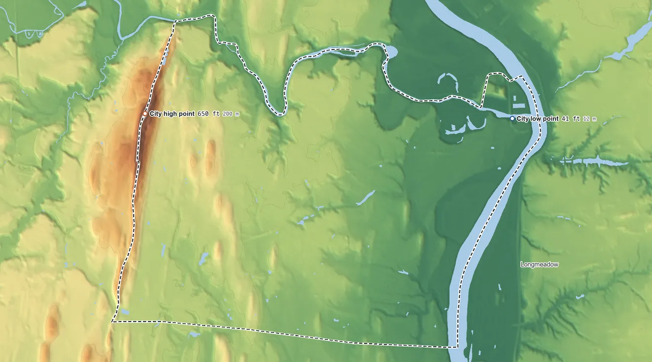 Topographic elevation map of Agawam Town, Massachusetts, shaded from 41 ft on the east side to 649 ft on Provin Mountain