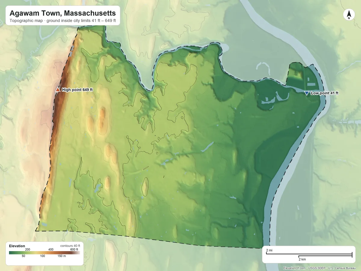 Topographic elevation map of Agawam Town, Massachusetts, shaded from 41 ft on the east side to 649 ft on Provin Mountain