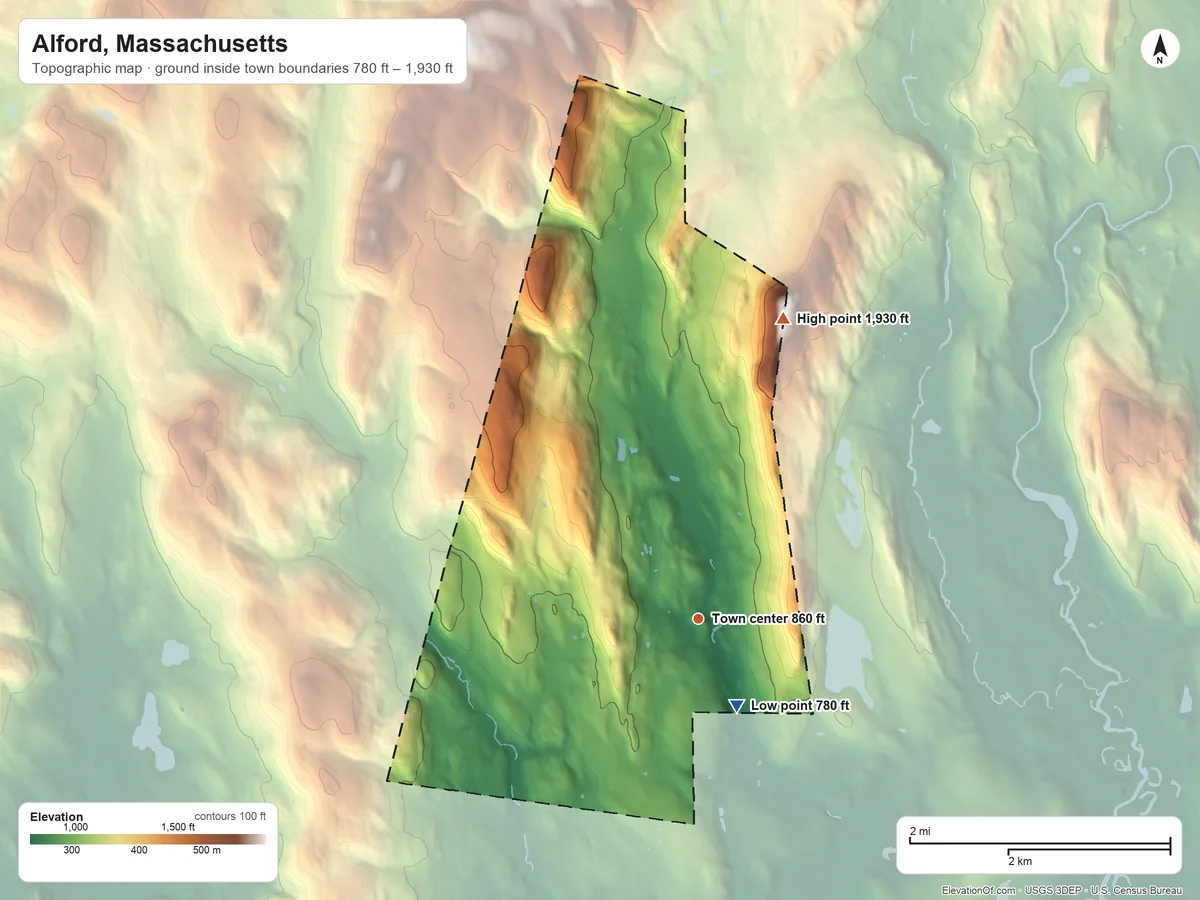 Topographic elevation map of Alford, Massachusetts, shaded from 780 ft on the southeast side to 1,930 ft on the north edge, below higher ground just outside