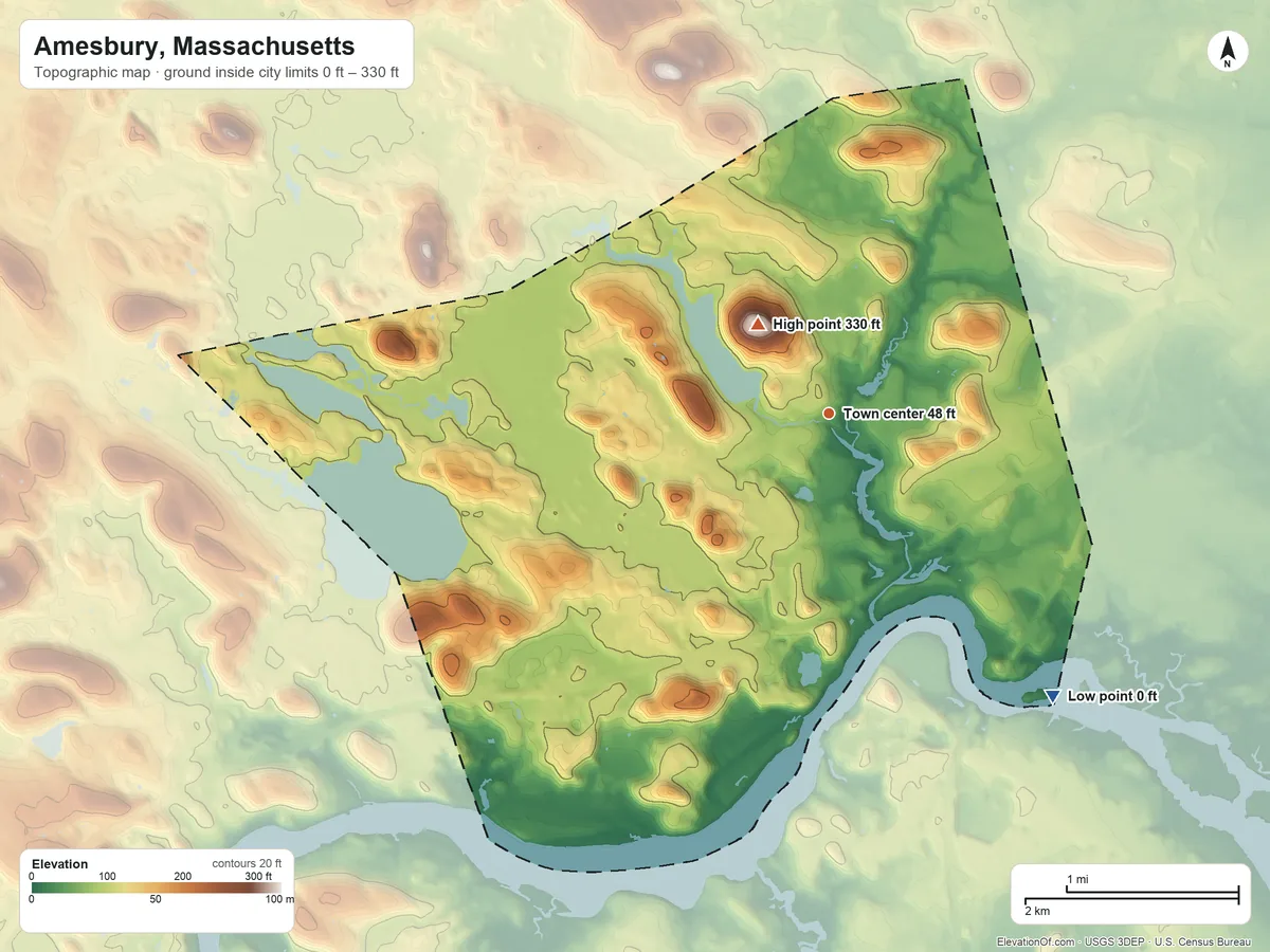 Topographic elevation map of Amesbury, Massachusetts, shaded from 0 ft on the southeast side to 330 ft on Powwow Hill