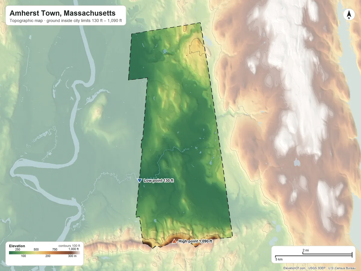 Topographic elevation map of Amherst Town, Massachusetts, shaded from 130 ft on the south side to 1,090 ft on the south edge, below higher ground just outside