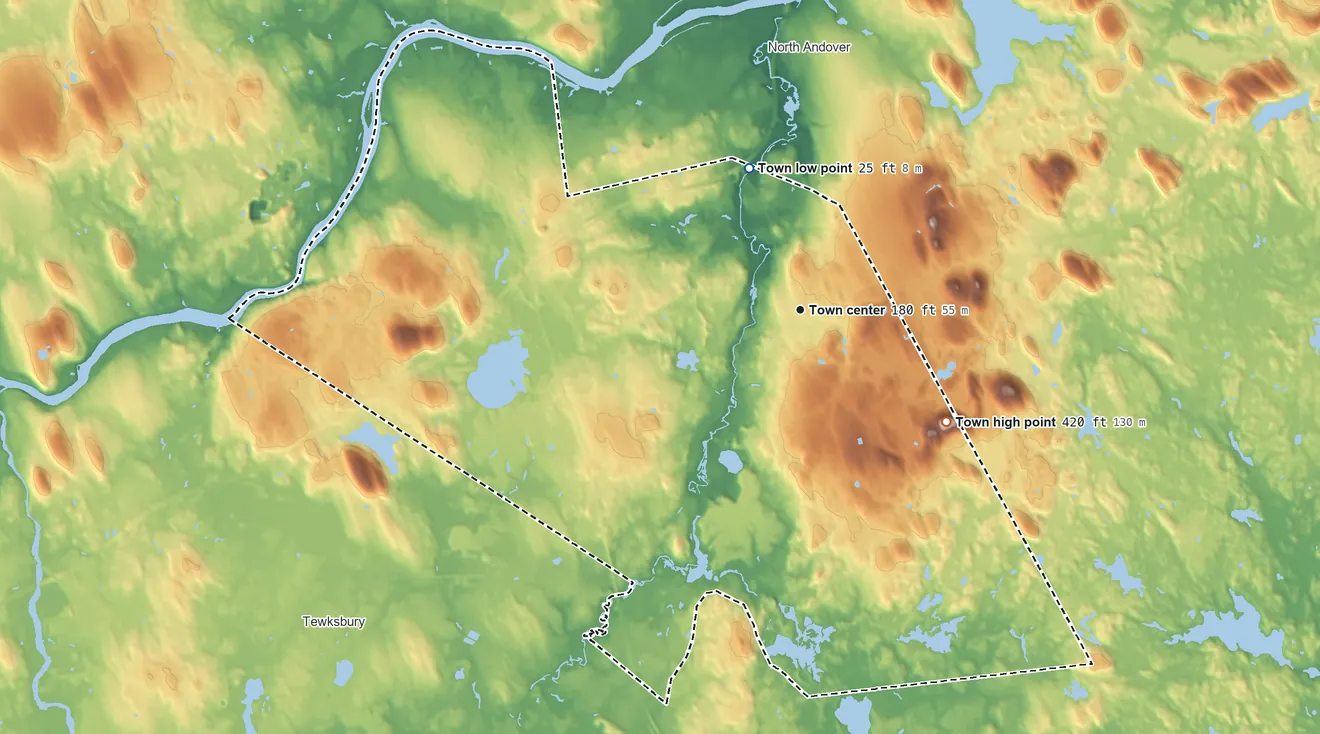 Topographic elevation map of Andover, Massachusetts, shaded from 25 ft on the north side to 420 ft on Holt Hill