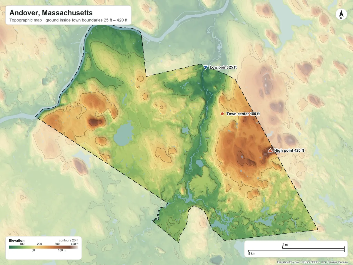 Topographic elevation map of Andover, Massachusetts, shaded from 25 ft on the north side to 420 ft on Holt Hill