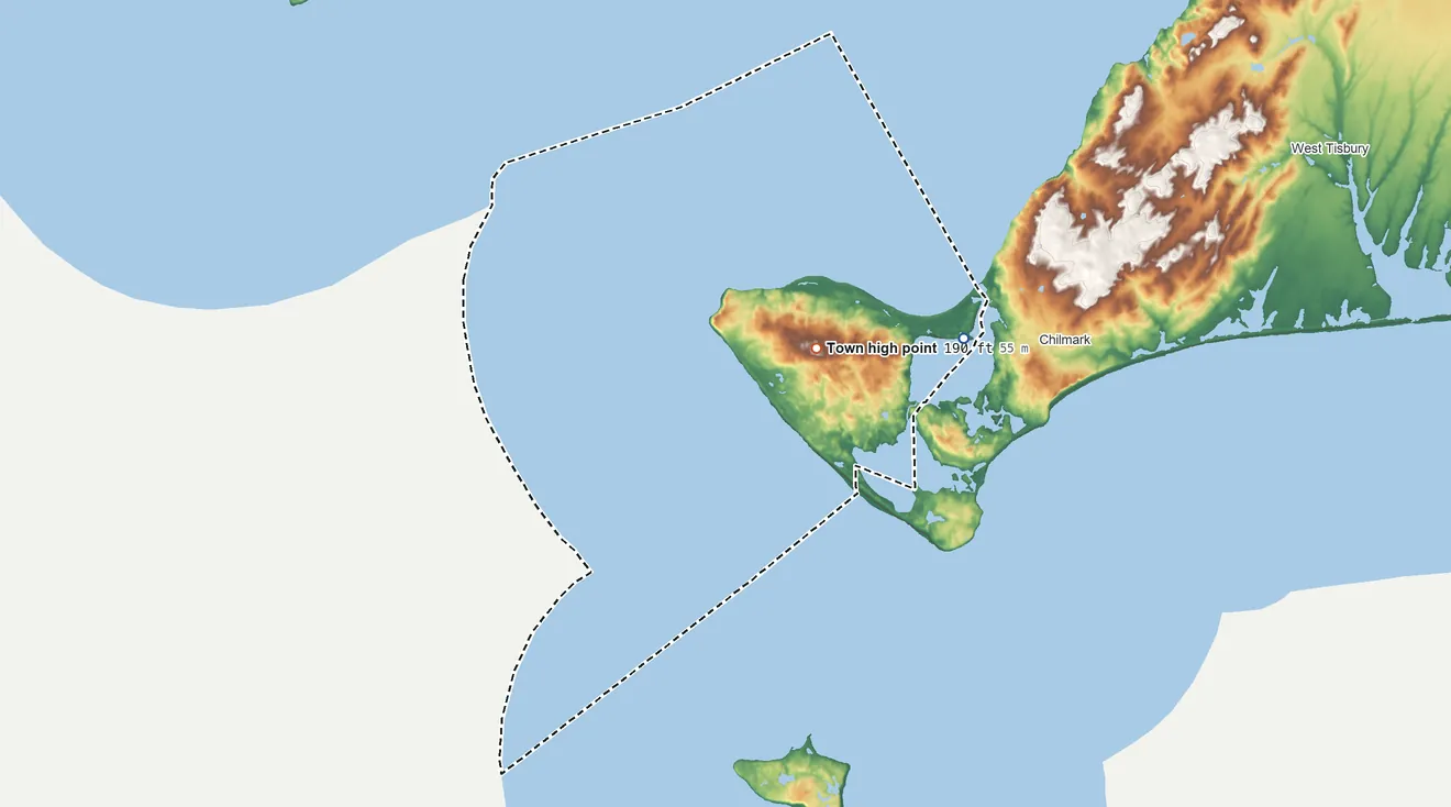 Topographic elevation map of Aquinnah, Massachusetts, shaded from sea level level on the Menemsha Pond to 190 ft near the middle