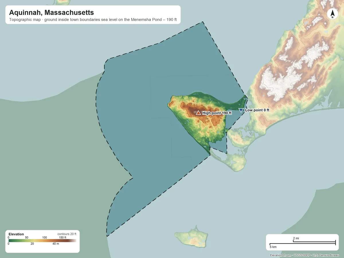 Topographic elevation map of Aquinnah, Massachusetts, shaded from sea level level on the Menemsha Pond to 190 ft near the middle