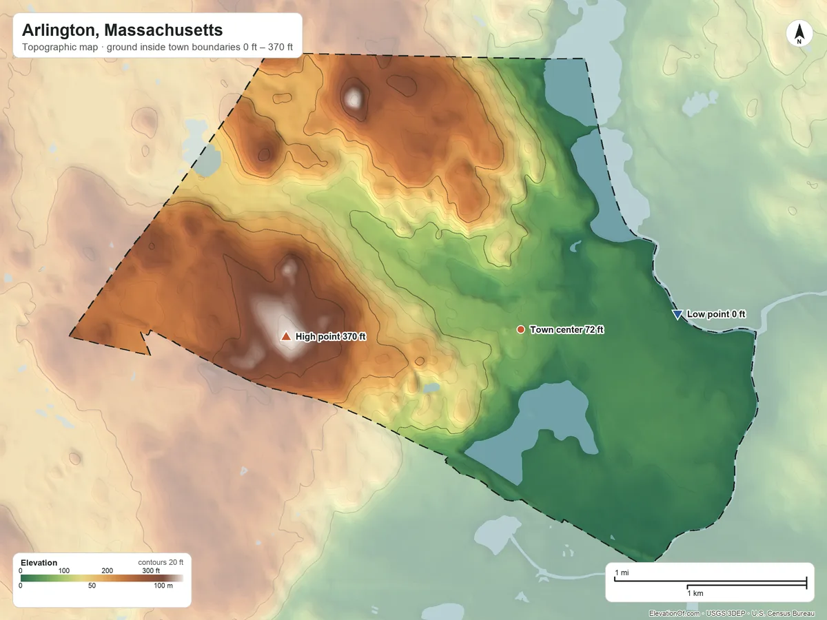 Topographic elevation map of Arlington, Massachusetts, shaded from 0 ft on the east side to 370 ft on the west side