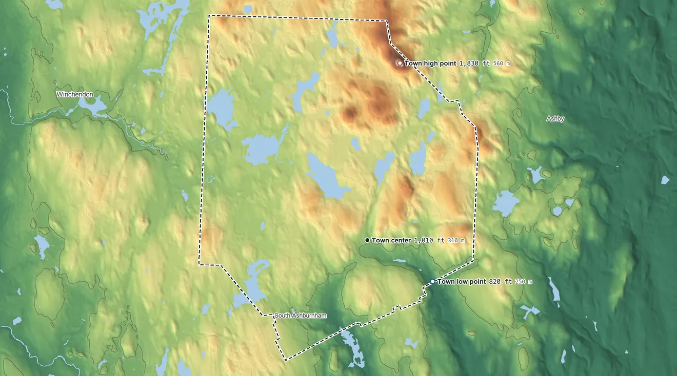 Topographic elevation map of Ashburnham, Massachusetts, shaded from 820 ft on the southeast side to 1,835 ft on Mount Watatic