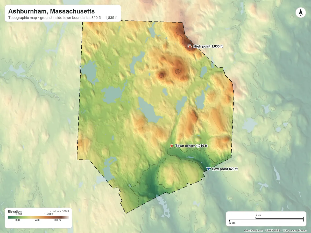Topographic elevation map of Ashburnham, Massachusetts, shaded from 820 ft on the southeast side to 1,835 ft on Mount Watatic