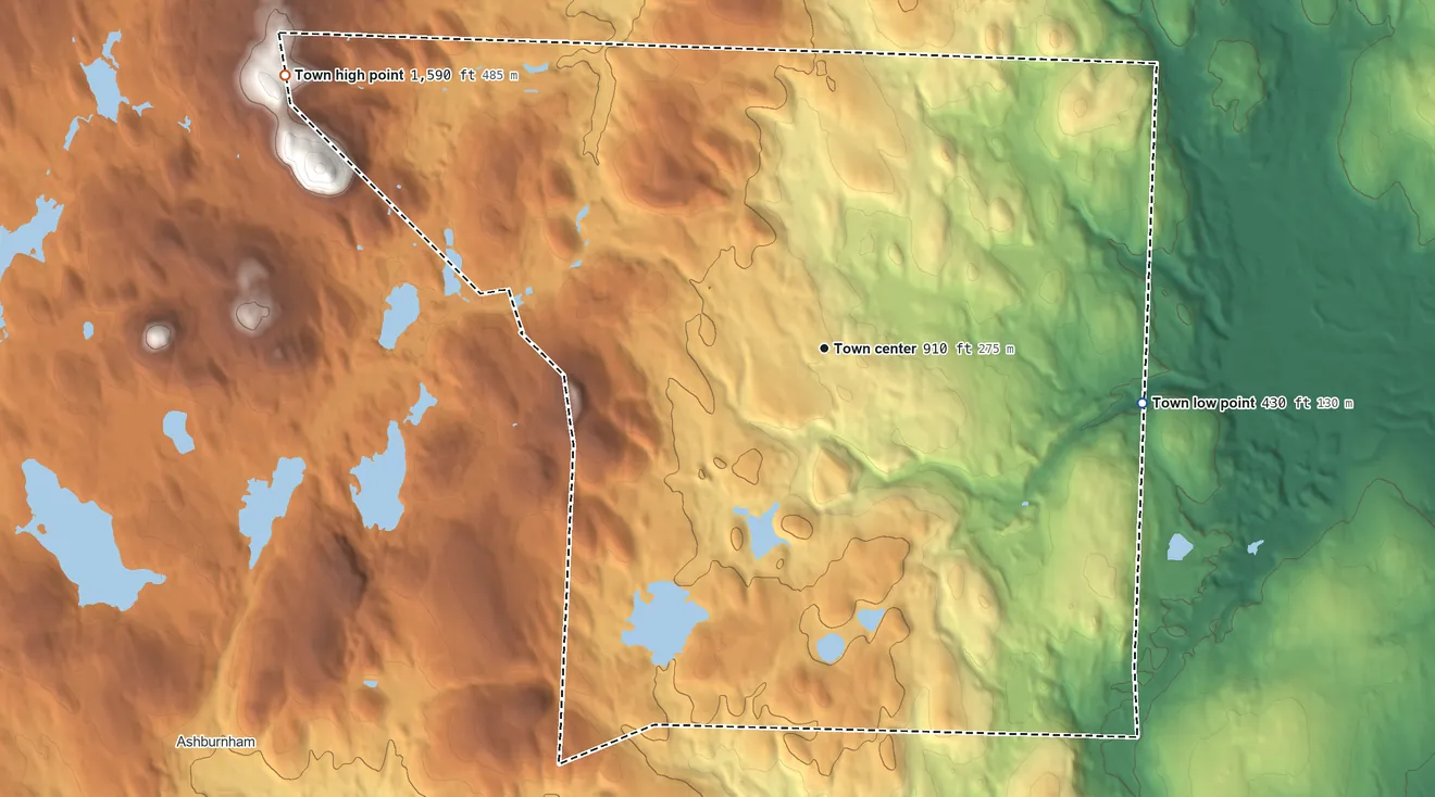 Topographic elevation map of Ashby, Massachusetts, shaded from 430 ft on the east side to 1,590 ft on the northwest edge, below higher ground just outside
