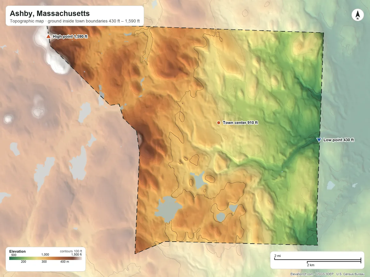 Topographic elevation map of Ashby, Massachusetts, shaded from 430 ft on the east side to 1,590 ft on the northwest edge, below higher ground just outside