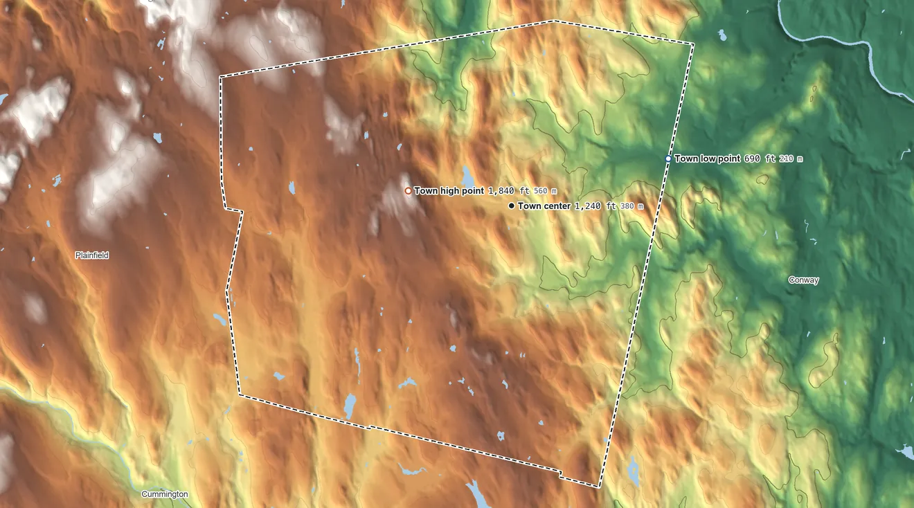 Topographic elevation map of Ashfield, Massachusetts, shaded from 690 ft on the east side to 1,840 ft on Peter Hill