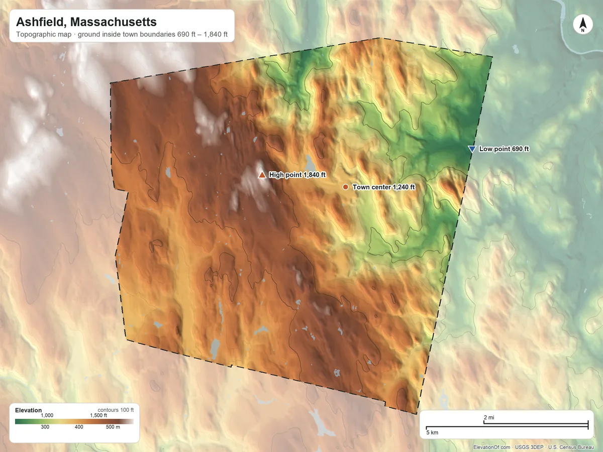 Topographic elevation map of Ashfield, Massachusetts, shaded from 690 ft on the east side to 1,840 ft on Peter Hill