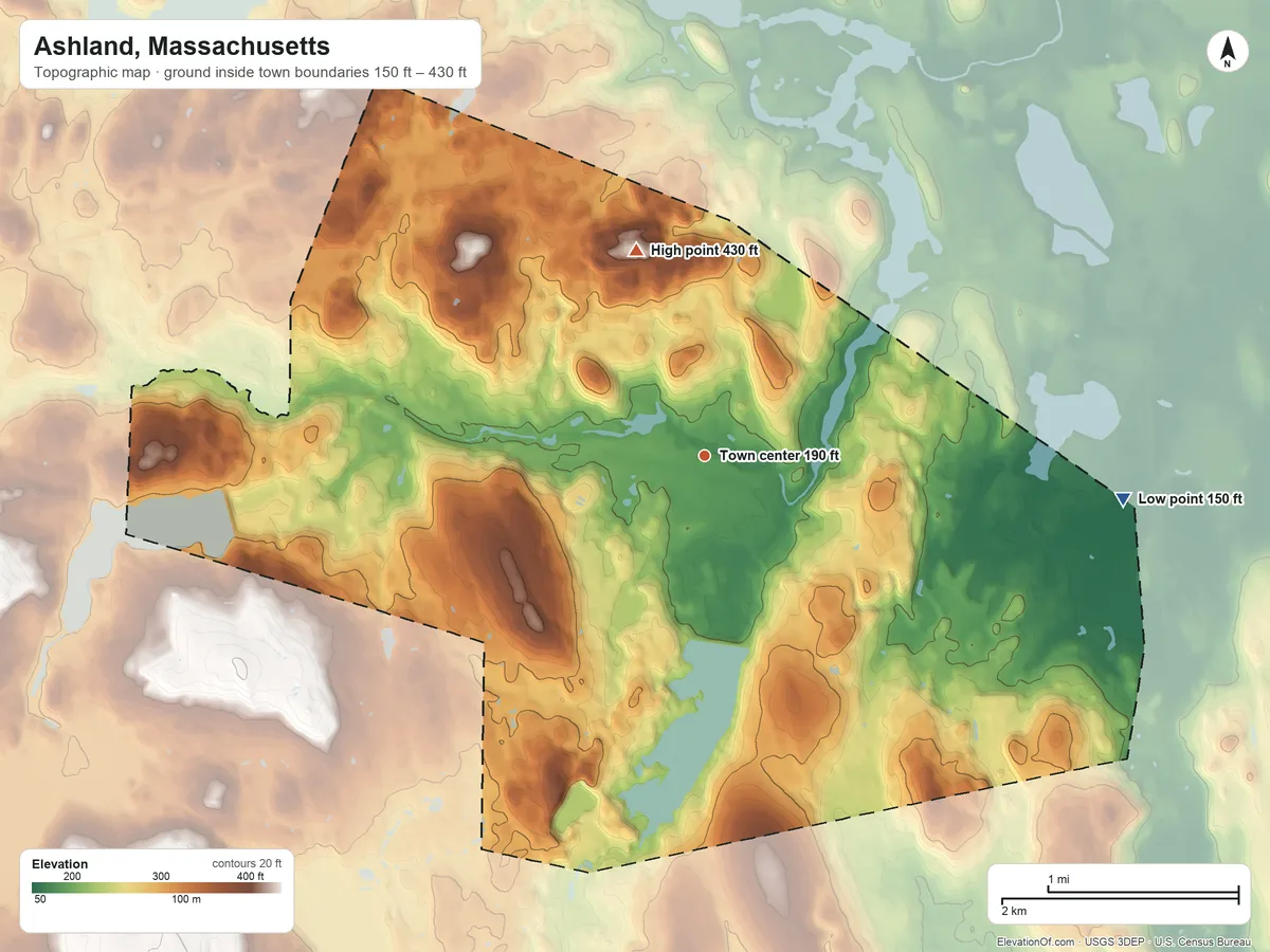 Topographic elevation map of Ashland, Massachusetts, shaded from 150 ft on the east side to 430 ft on the north side