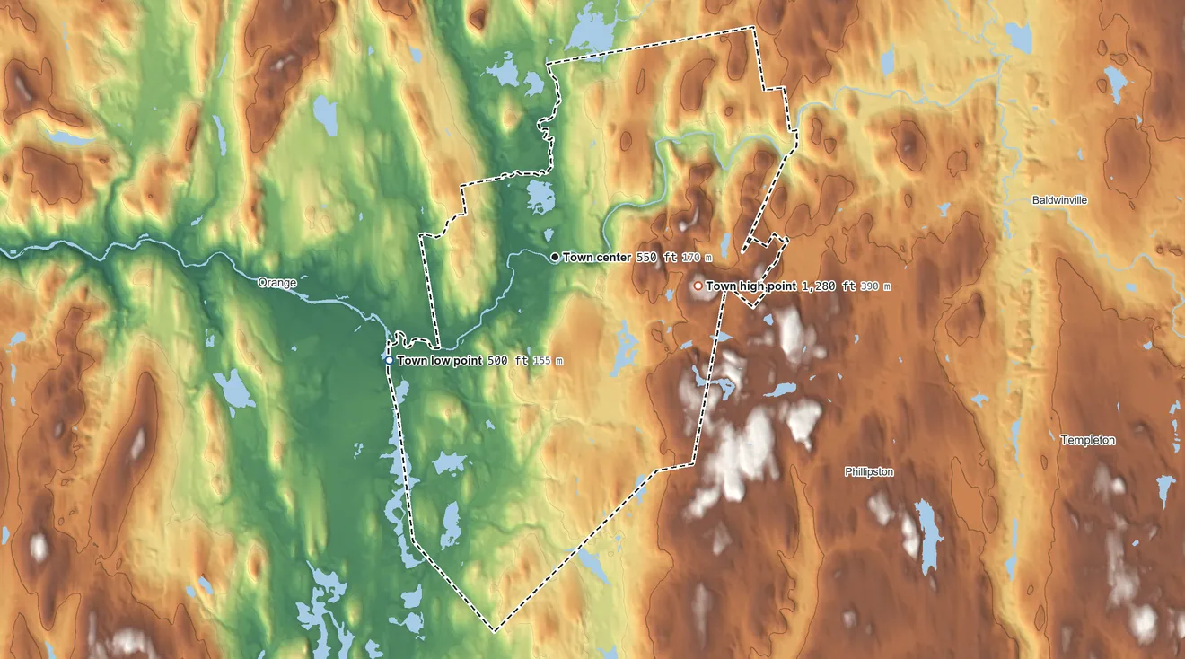 Topographic elevation map of Athol, Massachusetts, shaded from 500 ft on the southwest side to 1,280 ft on Pratt Hill