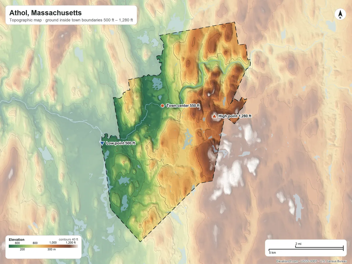 Topographic elevation map of Athol, Massachusetts, shaded from 500 ft on the southwest side to 1,280 ft on Pratt Hill