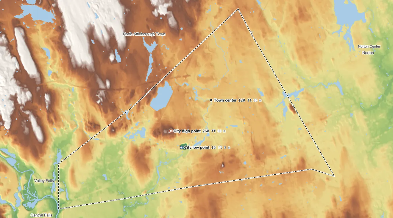 Topographic elevation map of Attleboro, Massachusetts, shaded from 16 ft on the southwest side to 260 ft on Ides Hill