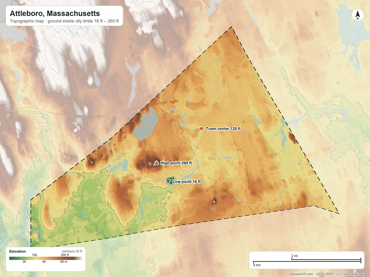 Topographic elevation map of Attleboro, Massachusetts, shaded from 16 ft on the southwest side to 260 ft on Ides Hill