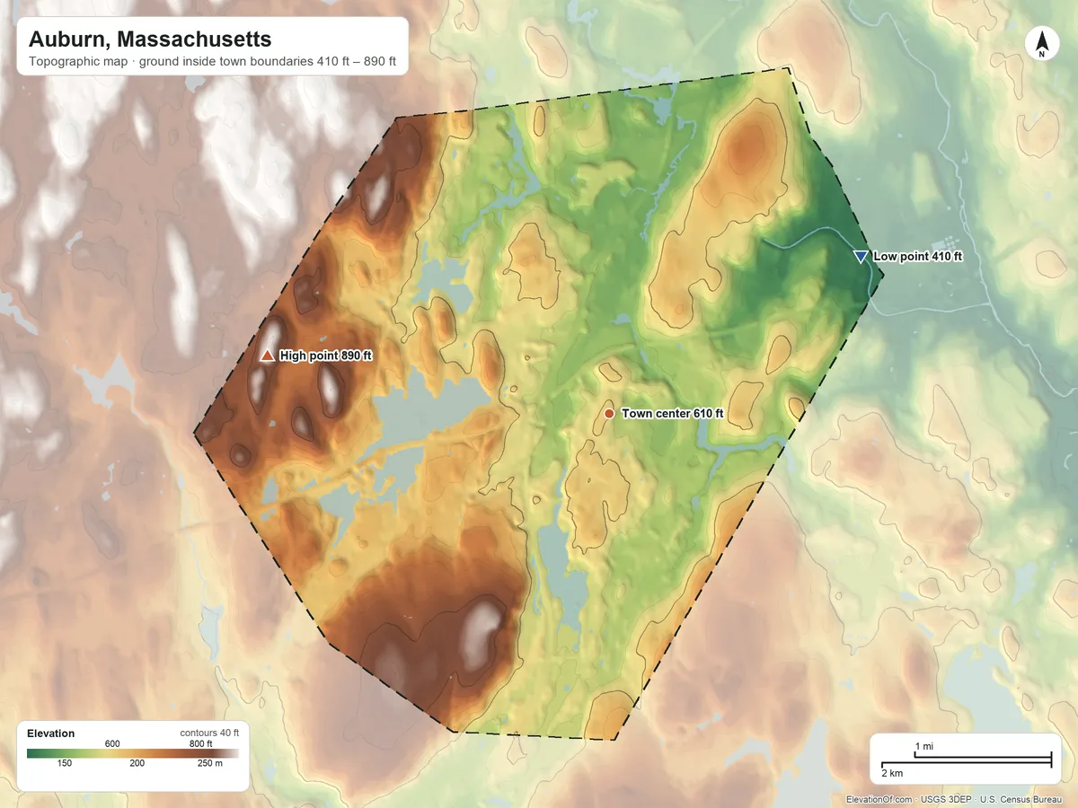 Topographic elevation map of Auburn, Massachusetts, shaded from 410 ft on the northeast side to 890 ft on the west side