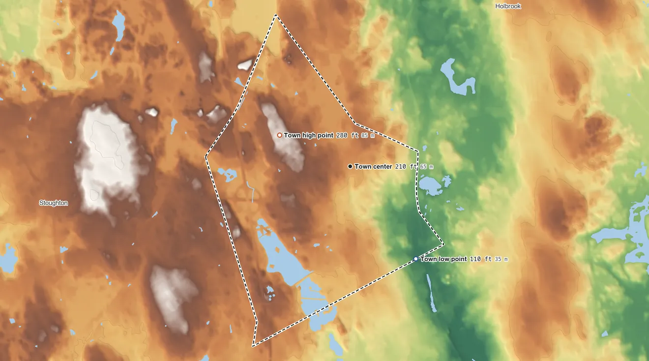 Topographic elevation map of Avon, Massachusetts, shaded from 110 ft on the southeast side to 280 ft on the northwest side