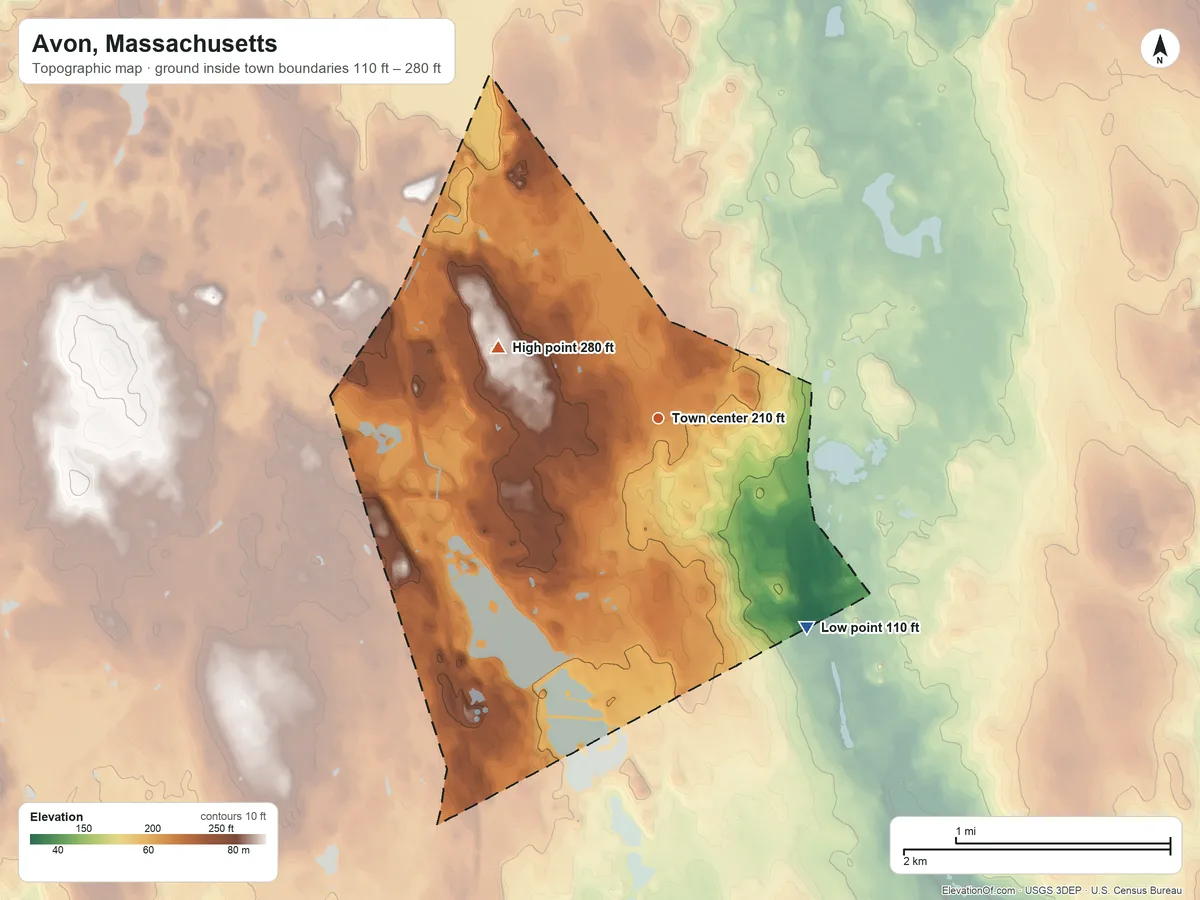 Topographic elevation map of Avon, Massachusetts, shaded from 110 ft on the southeast side to 280 ft on the northwest side