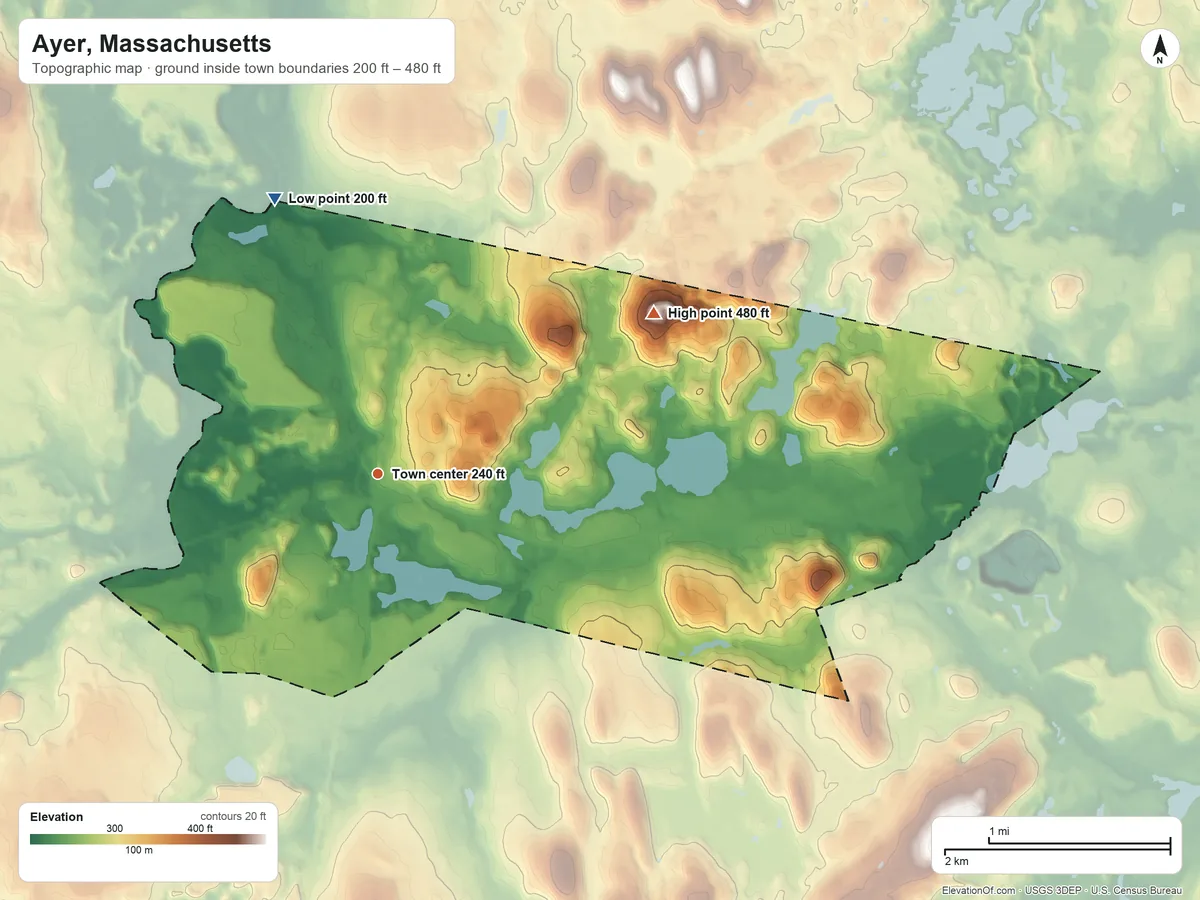 Topographic elevation map of Ayer, Massachusetts, shaded from 200 ft on the north side to 480 ft on Snake Hill