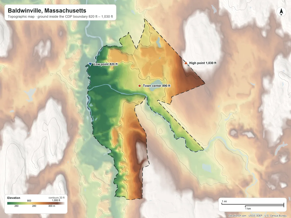Topographic elevation map of Baldwinville, Massachusetts, shaded from 820 ft on the northwest side to 1,030 ft on the northeast side