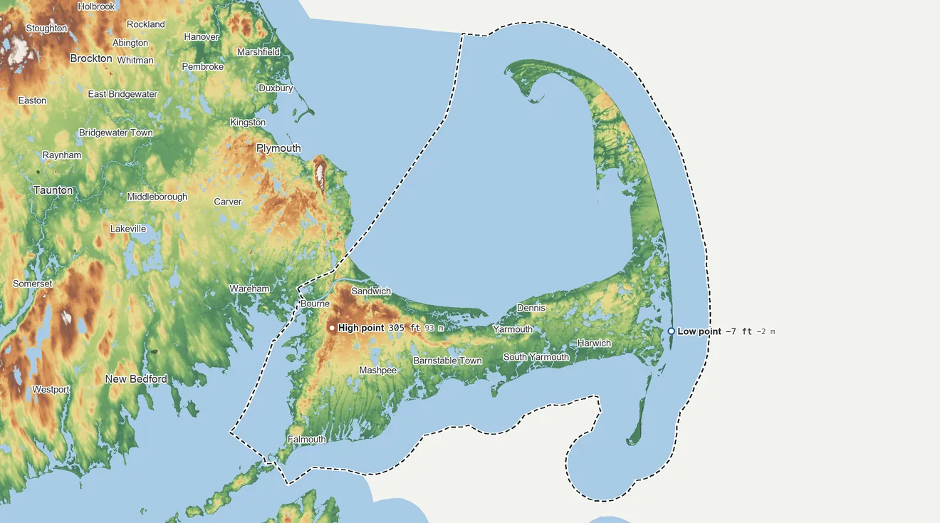 Topographic elevation map of Barnstable County, Massachusetts, shaded from 7 ft below sea level on the east side to 305 ft on Pine Hill