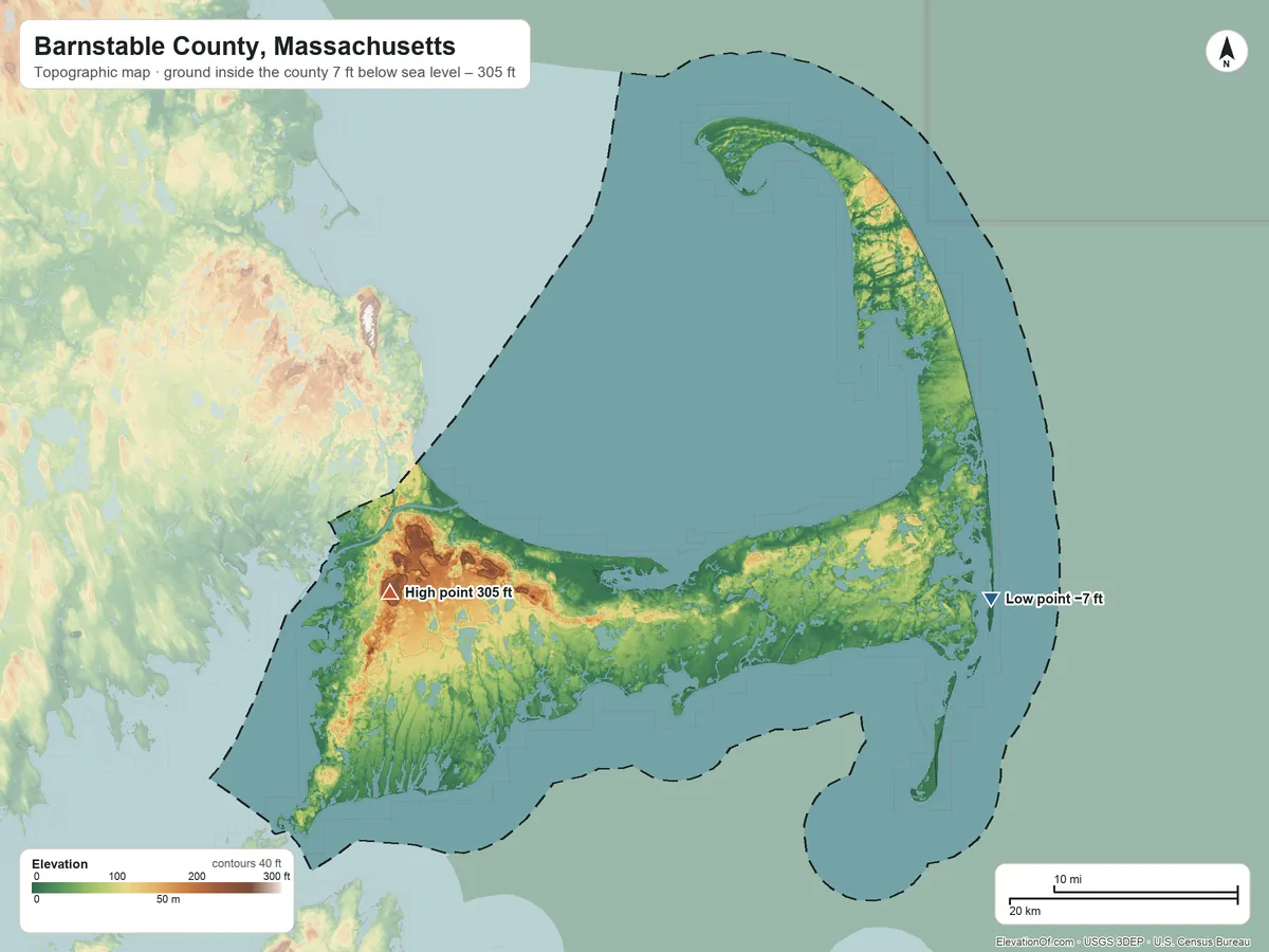 Topographic elevation map of Barnstable County, Massachusetts, shaded from 7 ft below sea level on the east side to 305 ft on Pine Hill