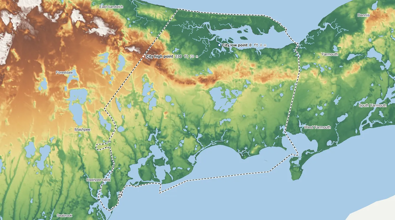 Topographic elevation map of Barnstable Town, Massachusetts, shaded from sea level level on Broad Sound to 230 ft on the northwest side