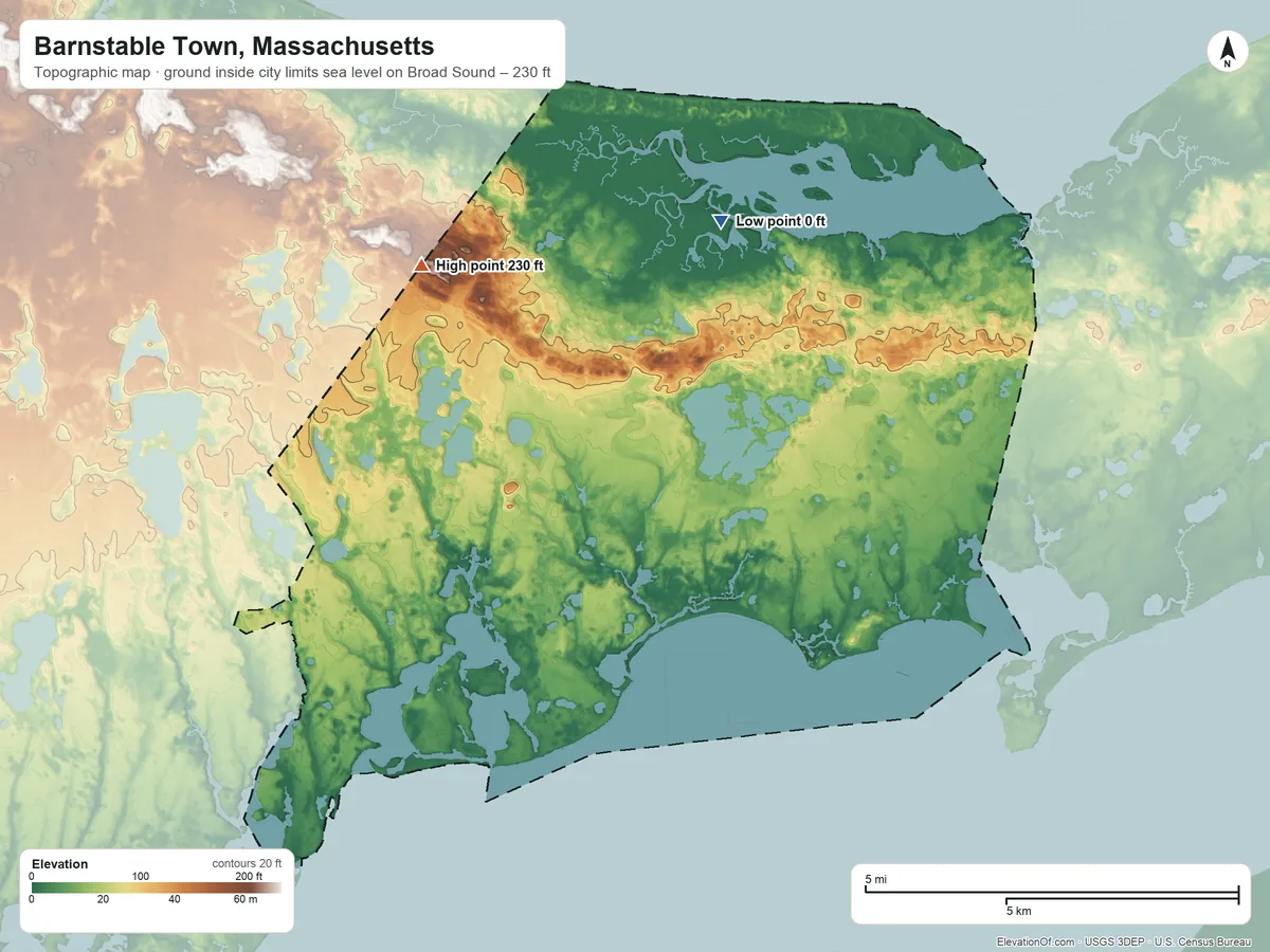 Topographic elevation map of Barnstable Town, Massachusetts, shaded from sea level level on Broad Sound to 230 ft on the northwest side