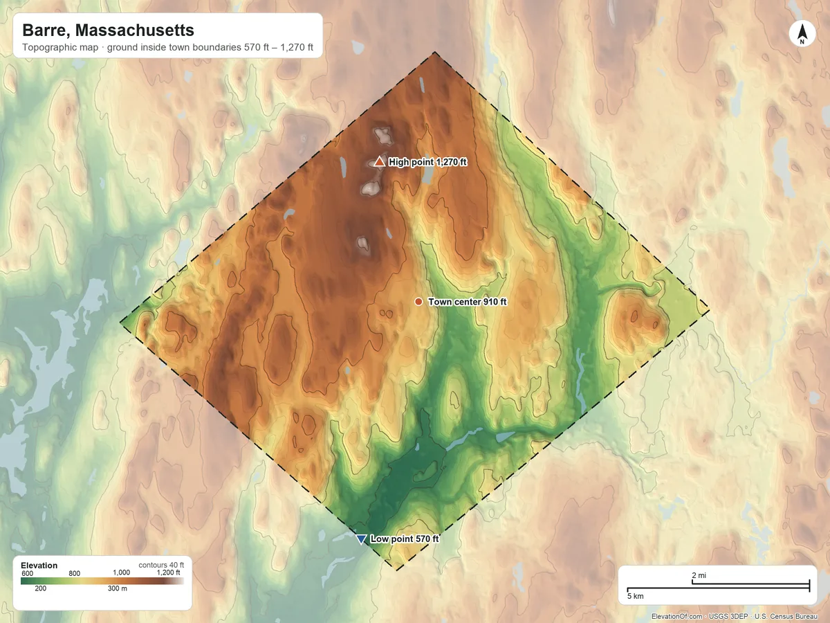 Topographic elevation map of Barre, Massachusetts, shaded from 570 ft on the south side to 1,270 ft on Hawes Hill