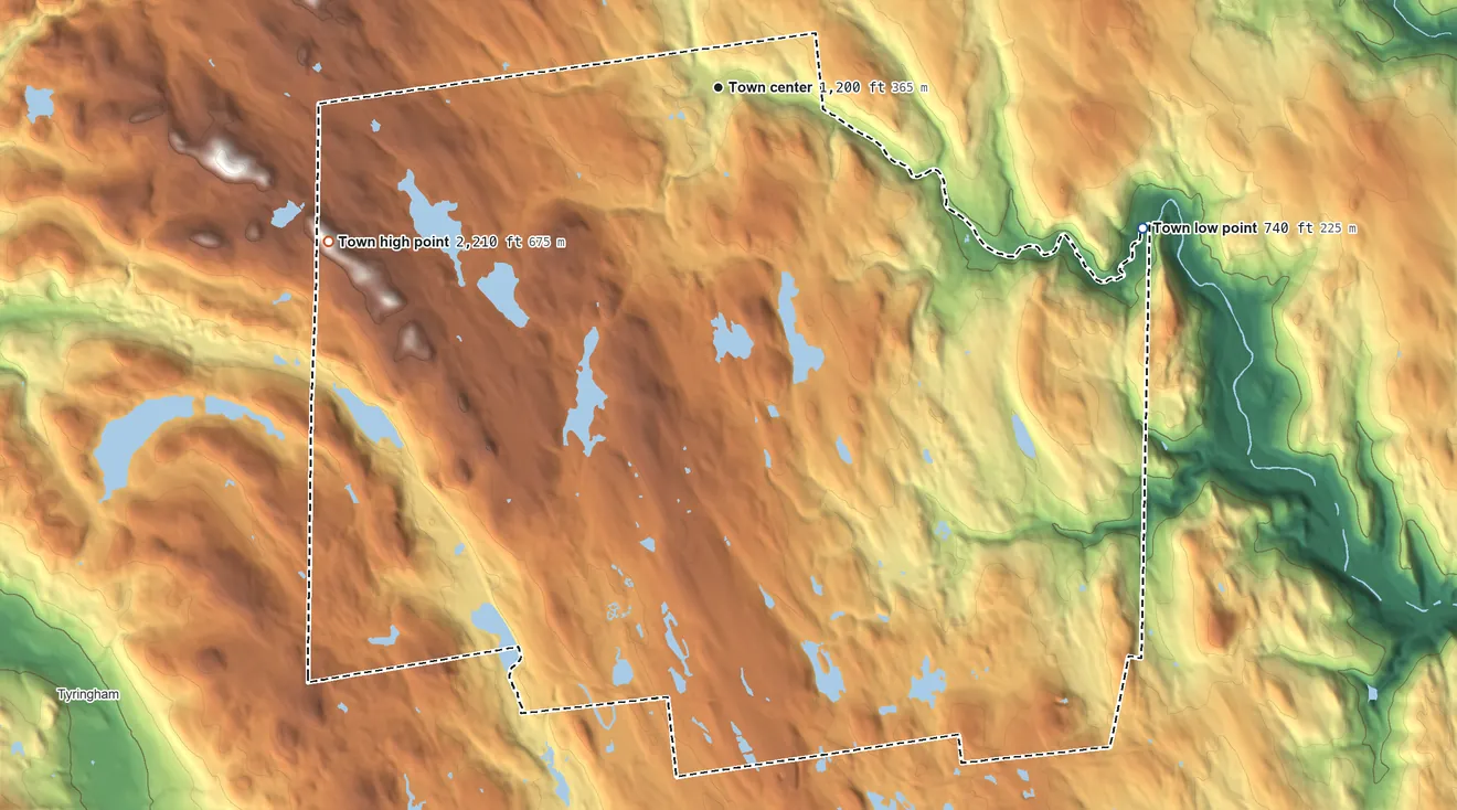 Topographic elevation map of Becket, Massachusetts, shaded from 740 ft on the east side to 2,210 ft on Walling Mountain