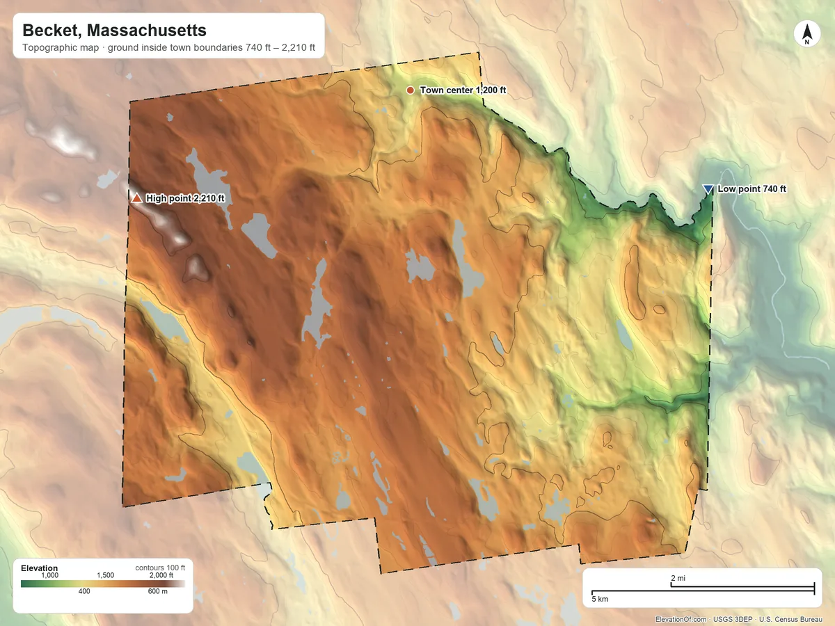 Topographic elevation map of Becket, Massachusetts, shaded from 740 ft on the east side to 2,210 ft on Walling Mountain