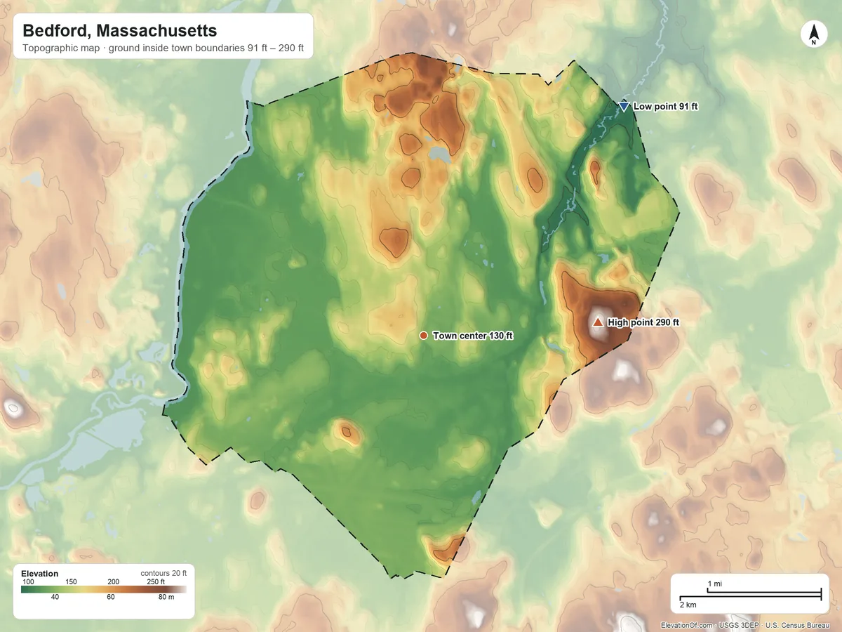 Topographic elevation map of Bedford, Massachusetts, shaded from 91 ft on the northeast side to 290 ft on the east side