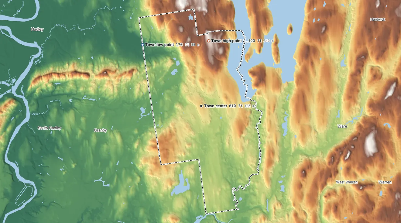 Topographic elevation map of Belchertown, Massachusetts, shaded from 170 ft on the northwest side to 1,120 ft on the north side