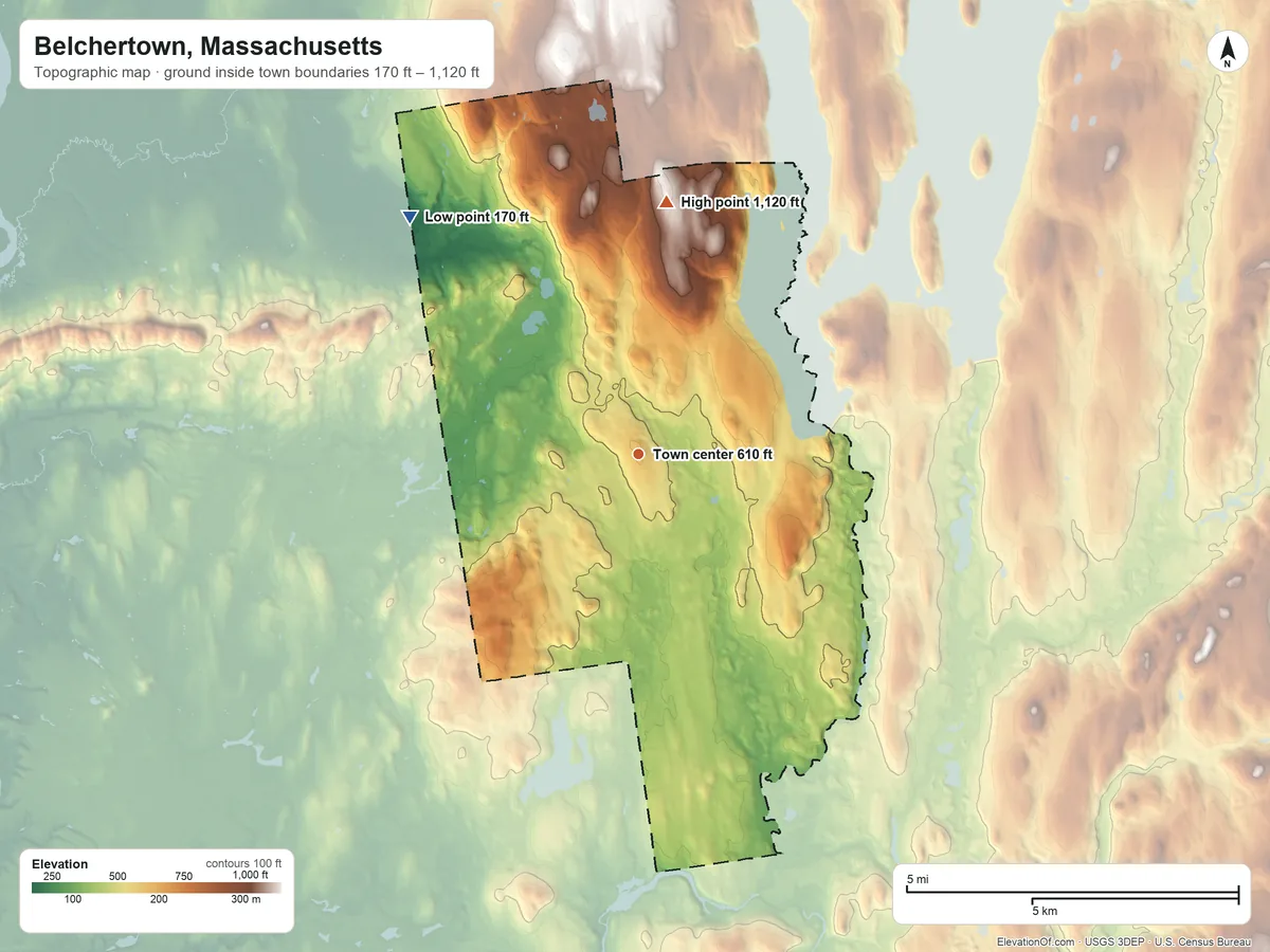 Topographic elevation map of Belchertown, Massachusetts, shaded from 170 ft on the northwest side to 1,120 ft on the north side