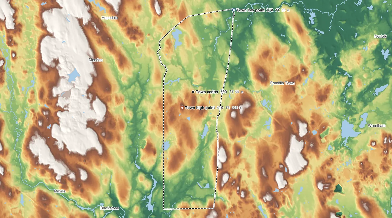 Topographic elevation map of Bellingham, Massachusetts, shaded from 170 ft on the northeast side to 410 ft near the middle