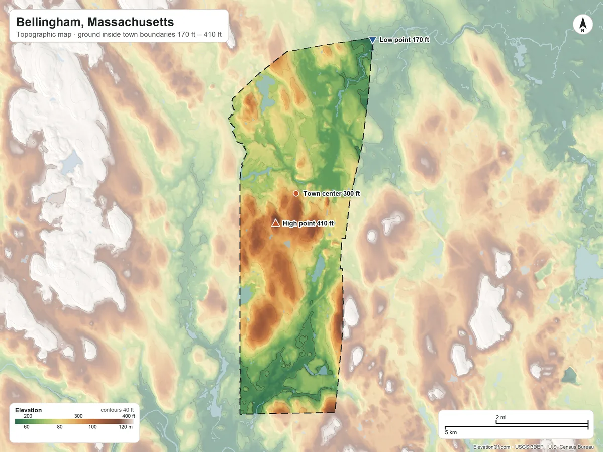 Topographic elevation map of Bellingham, Massachusetts, shaded from 170 ft on the northeast side to 410 ft near the middle
