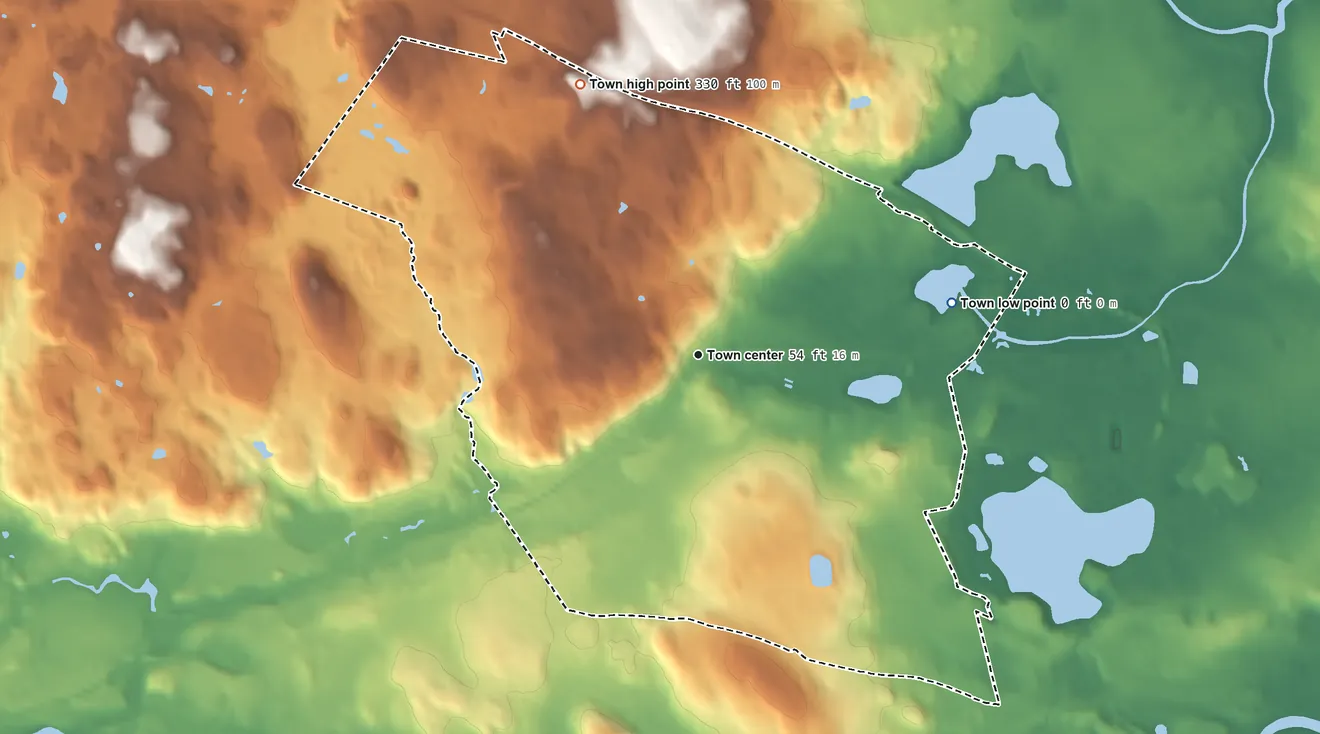 Topographic elevation map of Belmont, Massachusetts, shaded from 0 ft on the east side to 330 ft on the northwest side