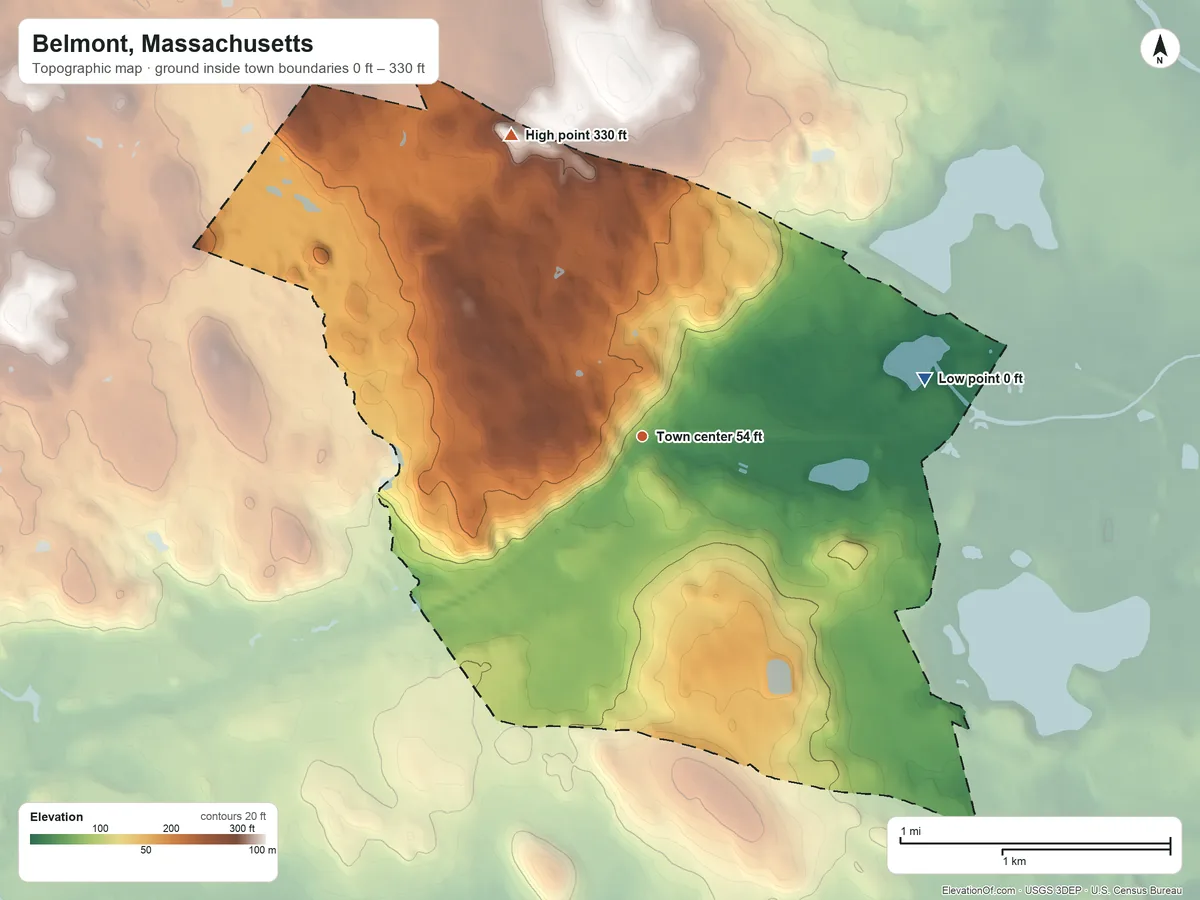 Topographic elevation map of Belmont, Massachusetts, shaded from 0 ft on the east side to 330 ft on the northwest side
