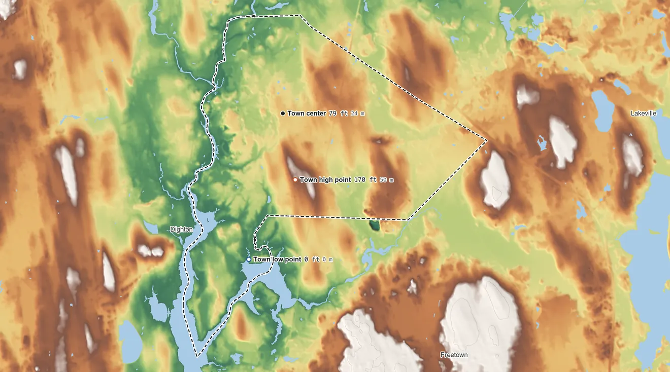 Topographic elevation map of Berkley, Massachusetts, shaded from sea level level on Assonet Bay to 170 ft on Bryant Hill