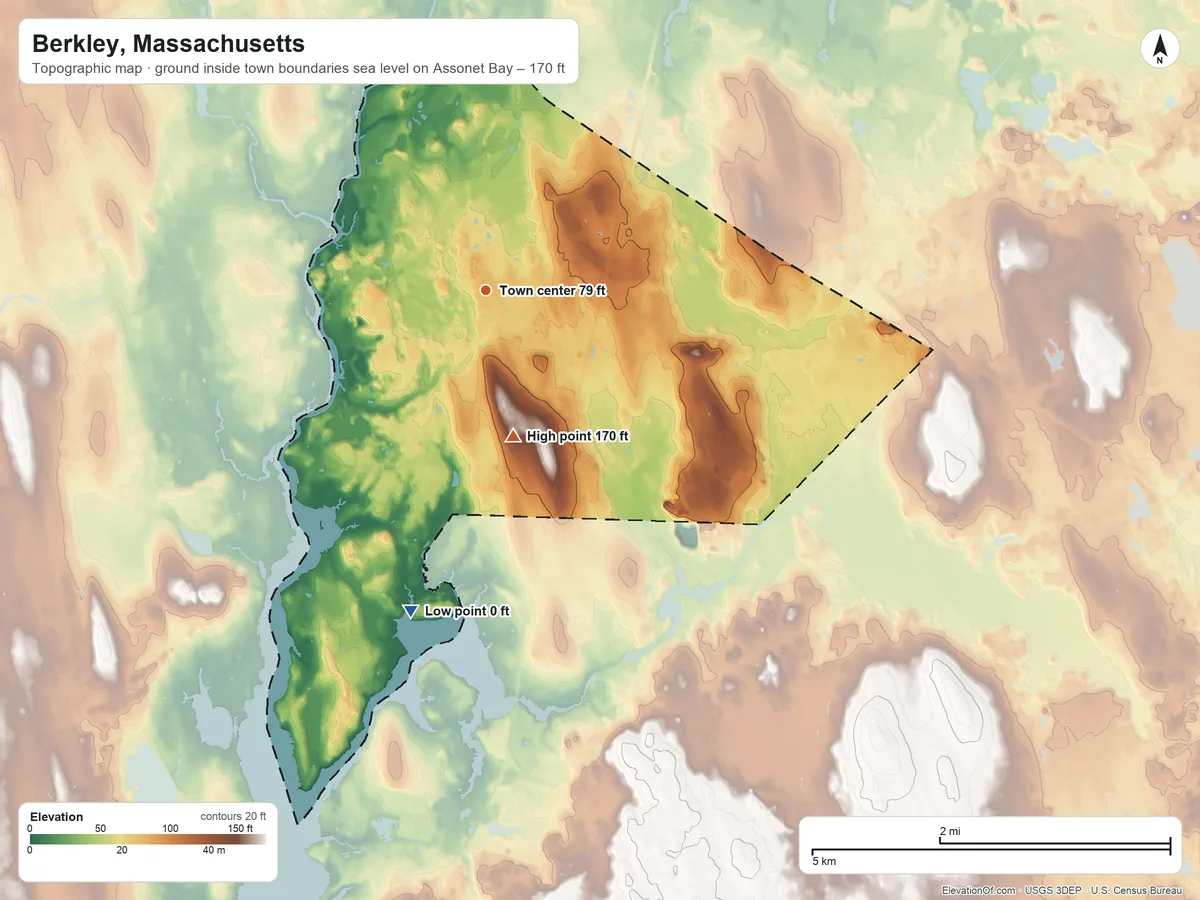 Topographic elevation map of Berkley, Massachusetts, shaded from sea level level on Assonet Bay to 170 ft on Bryant Hill