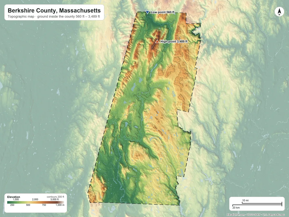 Topographic elevation map of Berkshire County, Massachusetts, shaded from 560 ft on the north side to 3,489 ft on Mount Greylock