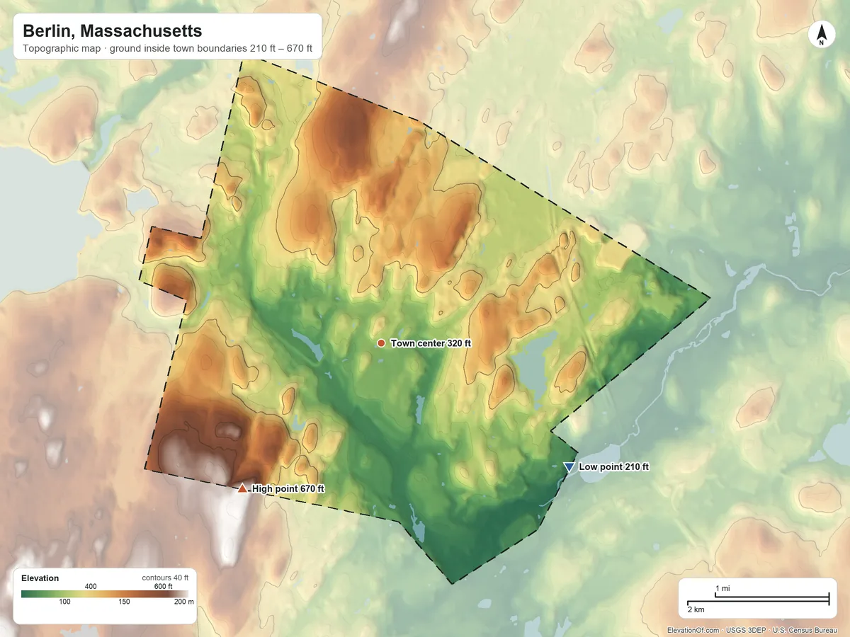 Topographic elevation map of Berlin, Massachusetts, shaded from 210 ft on the southeast side to 670 ft on the southwest edge, below higher ground just outside