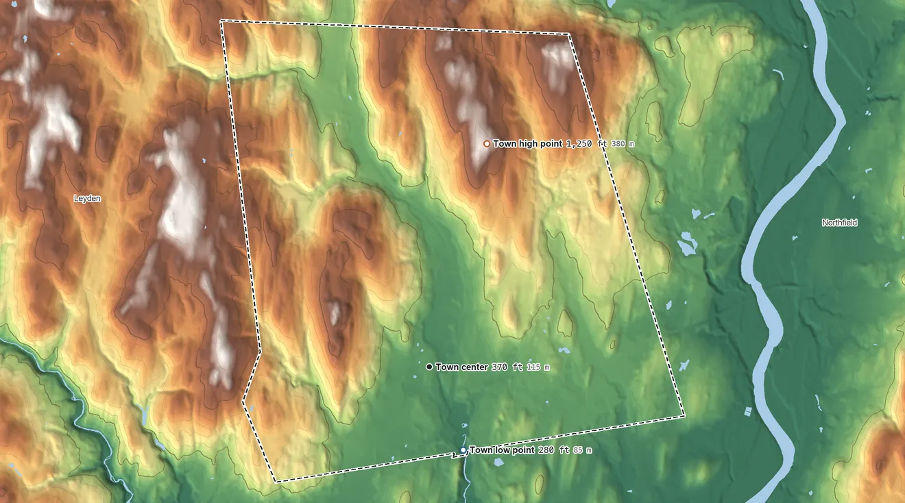 Topographic elevation map of Bernardston, Massachusetts, shaded from 280 ft on the south side to 1,250 ft on Bald Mountain