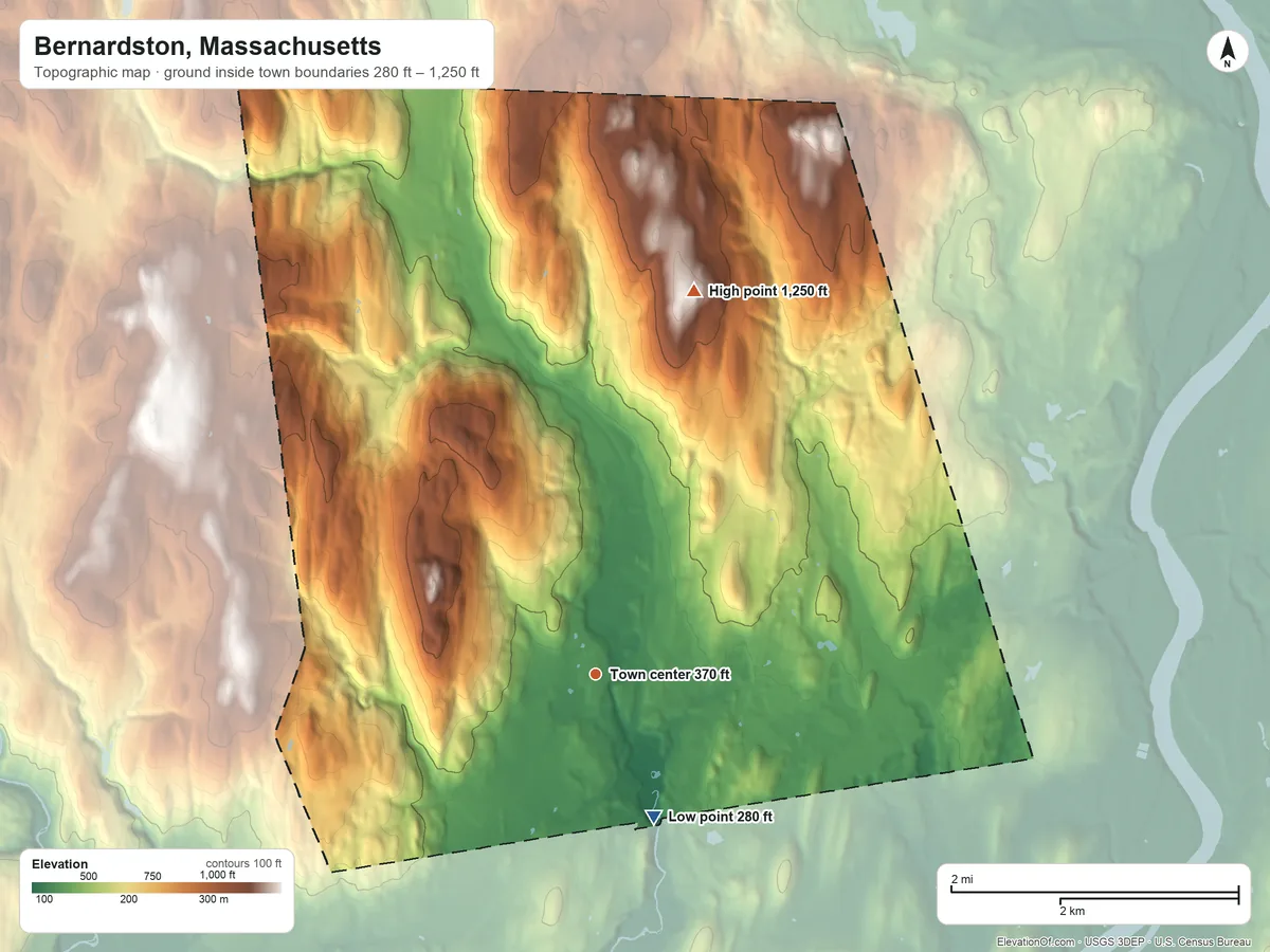 Topographic elevation map of Bernardston, Massachusetts, shaded from 280 ft on the south side to 1,250 ft on Bald Mountain