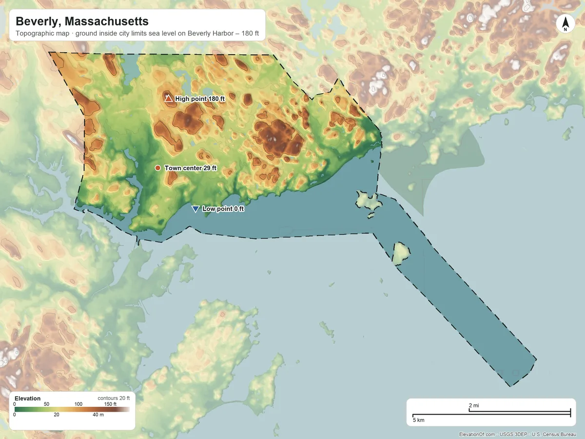 Topographic elevation map of Beverly, Massachusetts, shaded from sea level level on Beverly Harbor to 180 ft on the north side