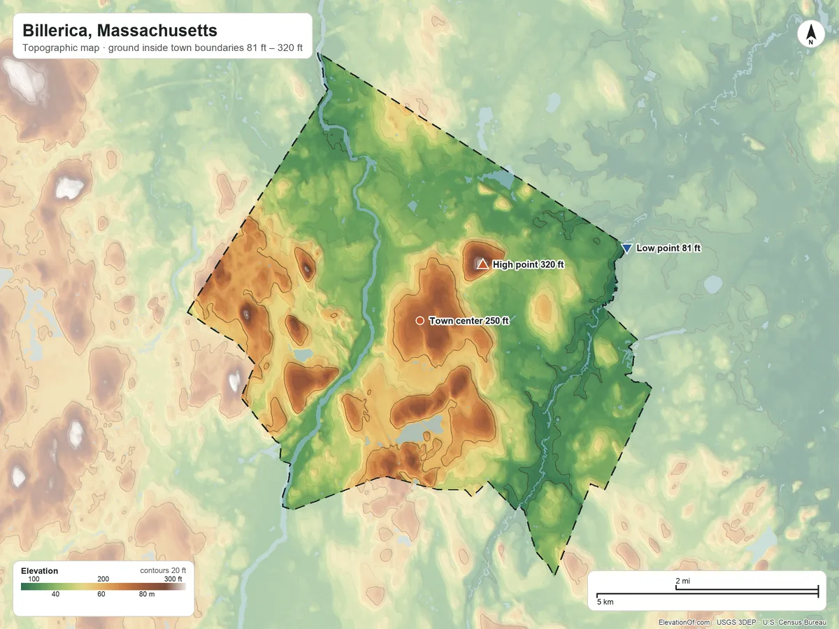 Topographic elevation map of Billerica, Massachusetts, shaded from 81 ft on the east side to 320 ft on Fox Hill